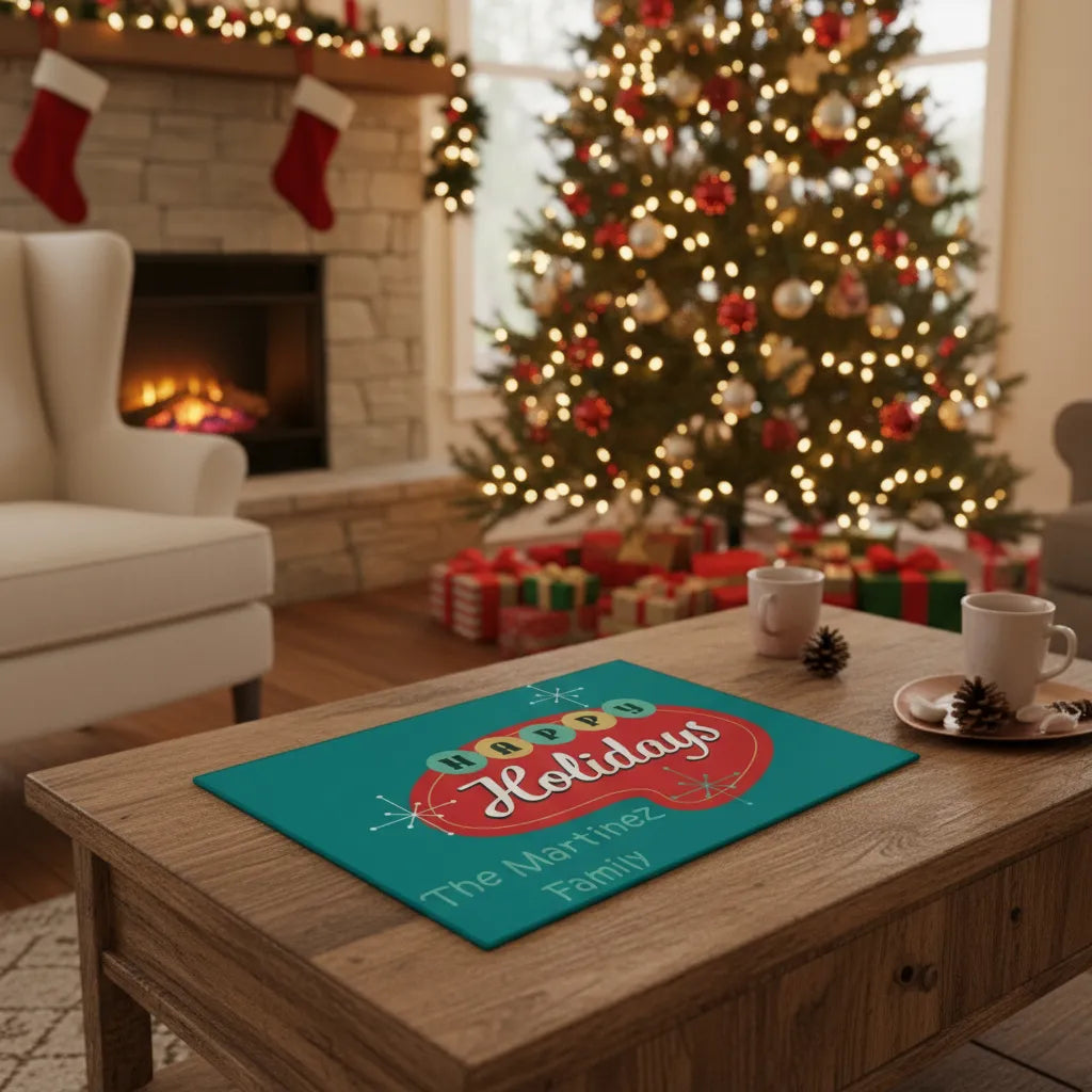 Mid-Century Modern Personalized Glass Cutting Board – “Happy Holidays” Edition (11" x 8")