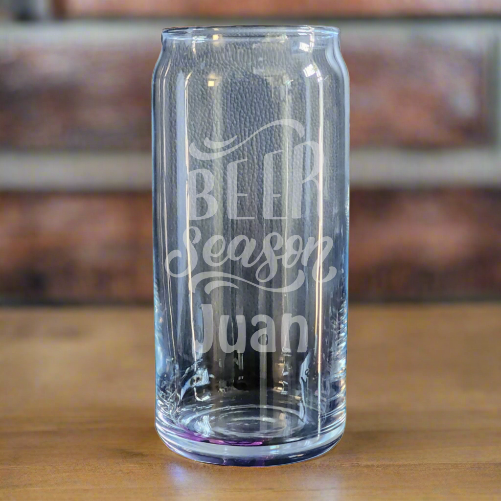 Custom etched can glass featuring "Beer Season" quote and personalized with your name