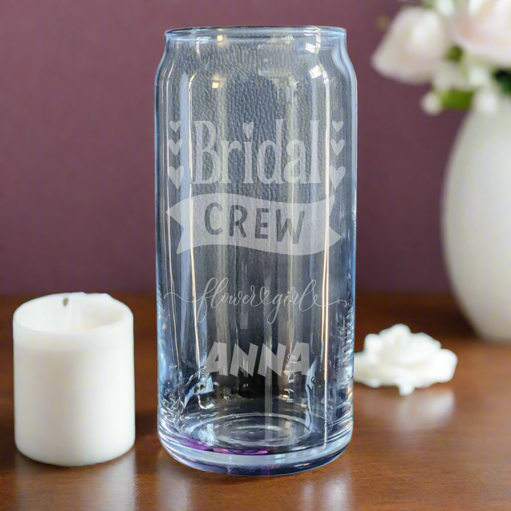 Custom etched can glass featuring "Bridal Crew" quote and personalized with a role and your name