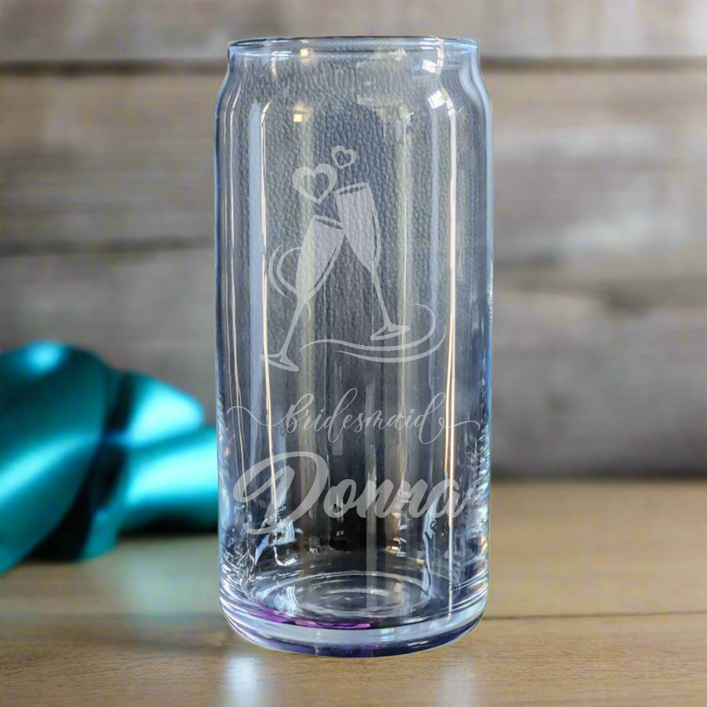 Custom etched can glass featuring Champagne Glasses and personalized with a role and your name