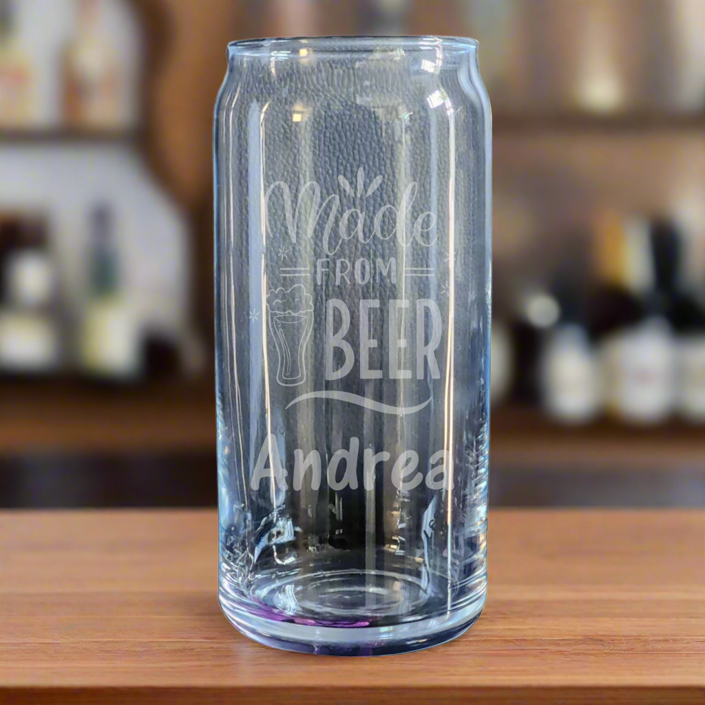Custom etched can glass featuring "Made From Beer" quote and personalized with your name