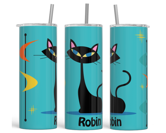 Retro Cat Vibes Custom Personalized Tumbler ~ 20 Oz ~ add your name, pick your color