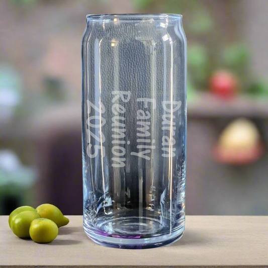 Sample Text Quote Celebrating Reunion Etched Glass Can ~ Personalized & Custom ~ 20 ounce