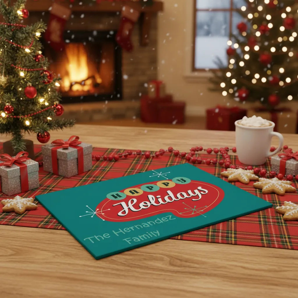 Mid-Century Modern Personalized Glass Cutting Board – “Happy Holidays” Edition (11" x 8")