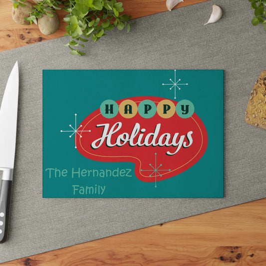 Mid Century Modern Happy Holidays Personalized Glass Cutting Board