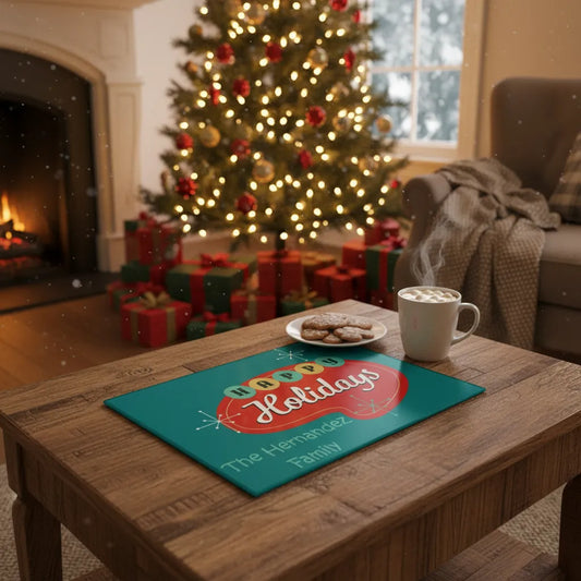 Mid Century Modern Happy Holidays Personalized Glass Cutting Board