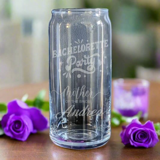 Custom etched can glass featuring "Bachelorette Party" quote and personalized with a role and your name