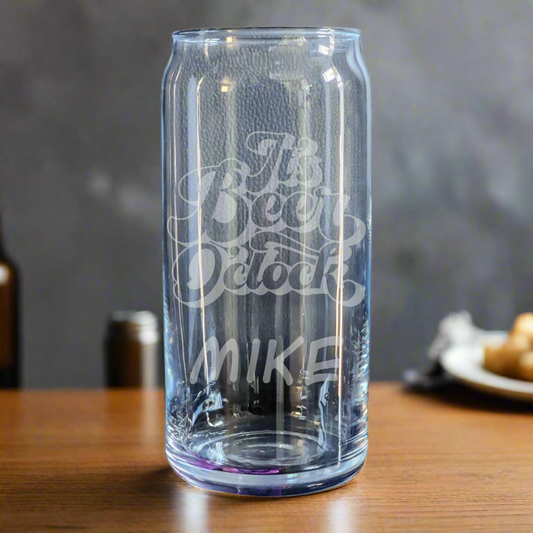 Custom etched can glass featuring "It's Beer o'clock" quote and personalized with your name
