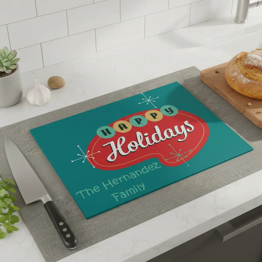 Mid-Century Modern Personalized Glass Cutting Board – “Happy Holidays” Edition (11" x 8")